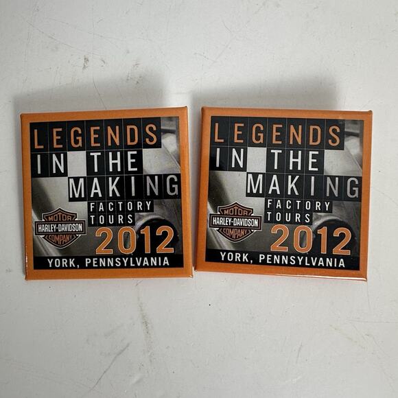 Harley Davidson Pin Factory Tours Legends in the Marking 2012 York PA Button Set - Picture 1 of 4